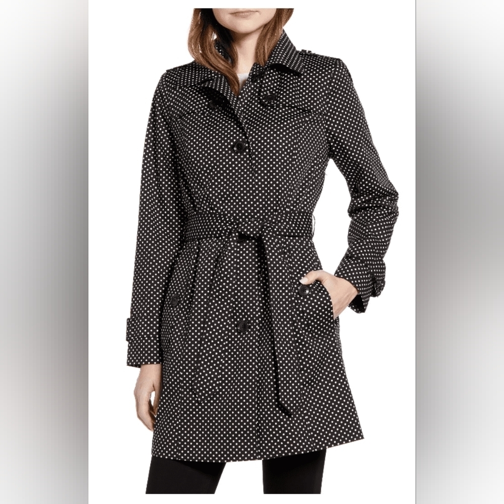 London Fog Women's Black White Polka Dot Trench Coat Size M